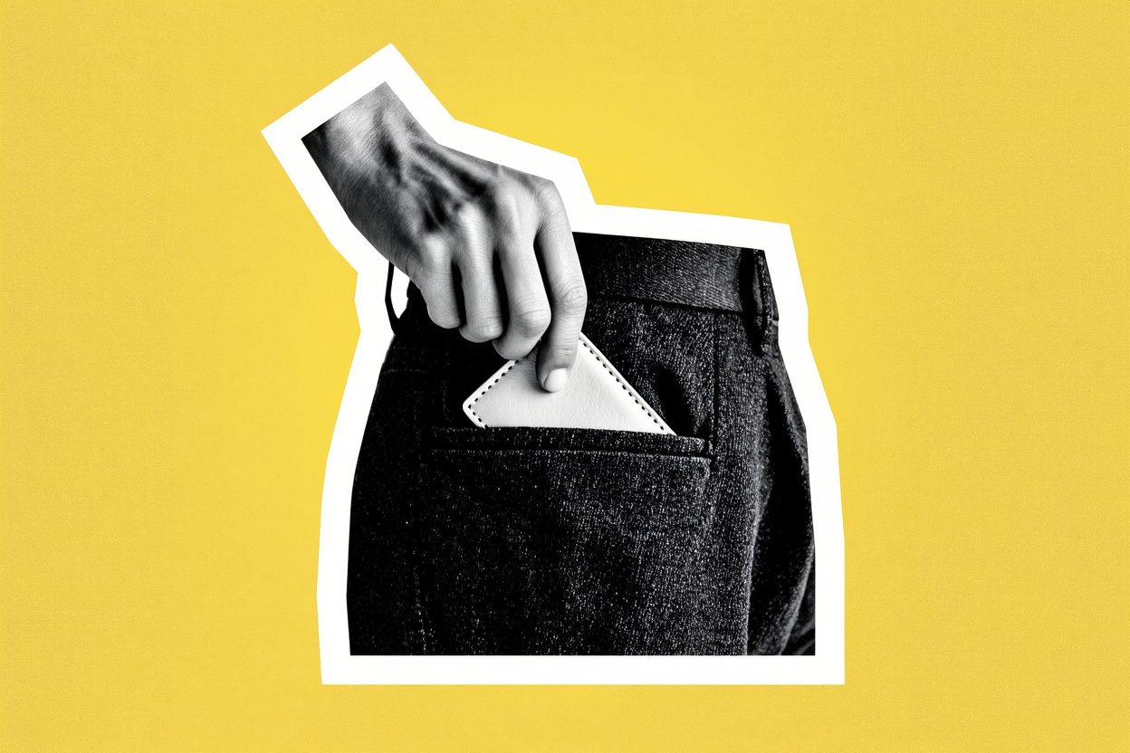 A black-and-white cutout of a hand reaching into a back pocket on a flat lemon-yellow background