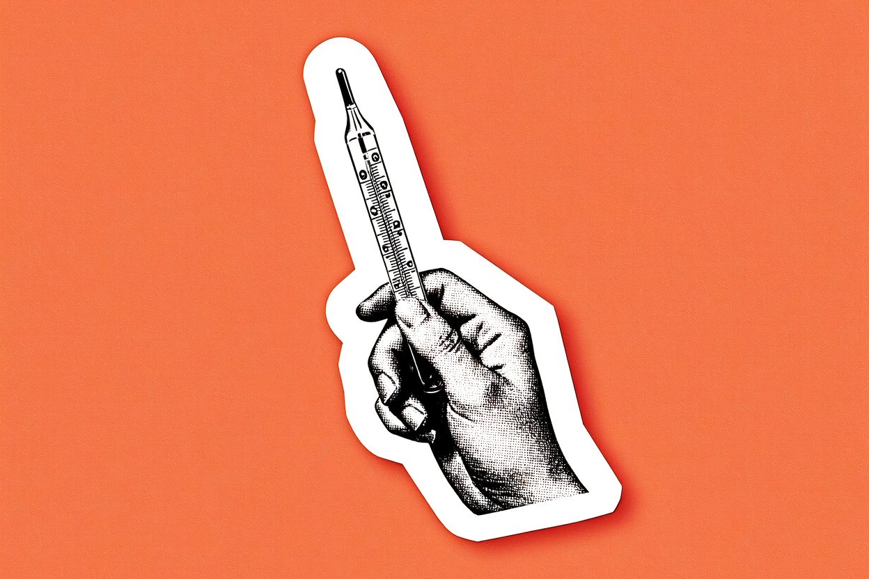 A black-and-white cutout of a hand holding a glass thermometer on a flat orange background