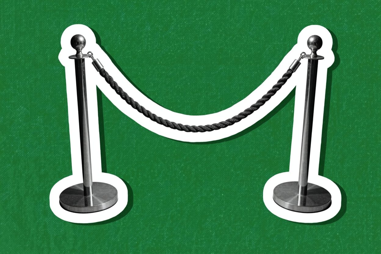 A black-and-white cutout of a velvet rope and stanchion on a flat kelly-green background